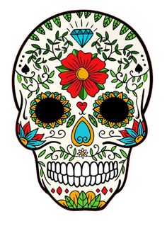 a sugar skull with colorful flowers and leaves on it's face, painted in white