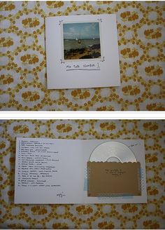 two pictures of an open album on a floral wallpapered surface with the same cd in it