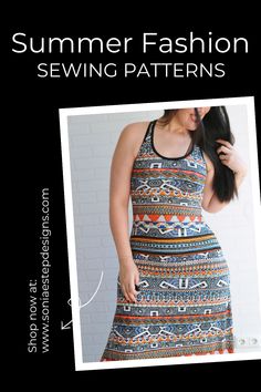 Unleash your inner fashionista with the Kira sewing pattern! This beginner-friendly tutorial will guide you through crafting a trendy racerback tank with multiple hem lengths and unique side slits. Embrace summer fashion and make a truly personalized statement with this delightful summer sewing project. Summer Sewing Patterns, Summer Sewing Projects, Stylish Maxi Dress, Sewing Pattern Shop, Summer Sewing, Fashion Sewing Pattern, Sewing Project, Knee Length Skirt, Fashion Sewing