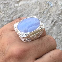 Designed and handcrafted in Turkey Quality meets perfection! Bold & Elegant METAL : .925 Sterling Silver STONE: natural Lace Agate RING DIMENSIONS: 22 x 30 mm SIZE: US 10.75 *please check your ring size before purchase Silver Mens Ring, Sterling Silver Mens Rings, Mens Silver Rings, Mens Ring, Ring Blue, Agate Ring, Sterling Silver Mens, Blue Lace Agate, Lace Agate