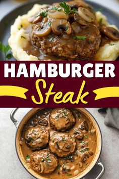 hamburger steak with mushrooms and gravy in a skillet