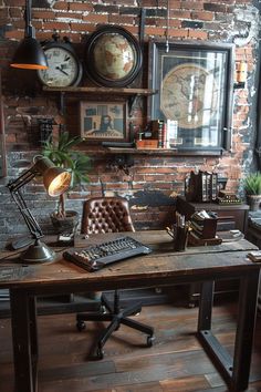 an old fashioned desk in front of a brick wall with two clocks on the wall