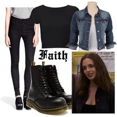 a woman wearing black boots and jeans next to a white t - shirt with the words faith on it