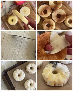 four pictures showing different types of doughnuts with apples in the background and on top