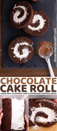 chocolate cake roll with white frosting and cinnamon sprinkles on the top