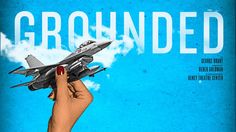 a hand holding a model jet in front of a blue sky with the word grounded written on it