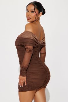 Available In Chocolate. Mesh Mini Dress Off Shoulder Neckline Long Sleeve Ruched Hidden Back Zipper Lined Stretch Length = 32" Self/ Contrast/ Lining: 100% Polyester Imported | Coco Mesh Mini Dress in Chocolate Brown size 1X by Fashion Nova Mini Dress Off Shoulder, Off Shoulder Neckline, Chocolate Fashion, Mesh Mini Dress, Body Outfit, Dress Off Shoulder, Knight Rider, Reference Poses, Curvy Girl Outfits