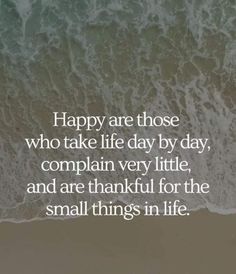 an ocean with waves and the words happy are those who take life day by day, complain very little, and are grateful for the small things in life