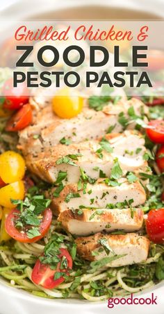 grilled chicken and zoodle pesto pasta with tomatoes