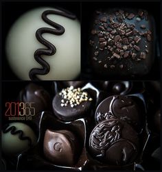 four different chocolates with white and black frosting on them, including one in the shape of a snake