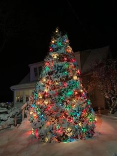 a christmas tree is lit up in the snow