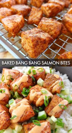 Salmon fillet chunks seasoned with simple Asian-inspired spices, baked hot and fast until crispy. Bang Bang Salmon Bites, Bang Bang Salmon, Salmon Bites Recipe, Seafood Delight, Salmon Bites, Fish Sticks, Fish Cakes