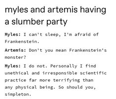 the text is written in black and white on a piece of paper that says, myles and attenis having a slumb party