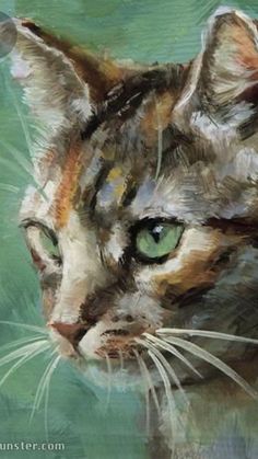 a painting of a cat with green eyes and whiskers on it's head