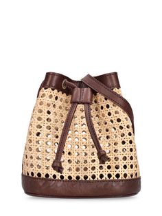 Height: 20cm Width: 22cm Depth: 15cm. Adjustable strap. Drawstring closure. Leather details. Handwoven. Unlined Chic Leather, Raffia Bag, Oversized Blouse, Woven Rattan, Loafer Mules, Flat Espadrilles, Wedge Shoes, Leather Trims, Calf Leather