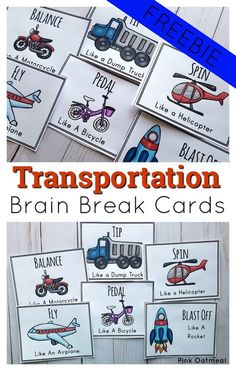 transportation brain break cards for kids to practice their language and spelling skills with the freebie