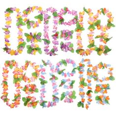 the words made out of colorful flowers on a white background