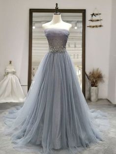 Air Fairy, Tulle Formal Dress, Grey Prom Dress, Strapless Evening Dress, Dream Prom, Blue Tulle, Long Prom Dresses, Big Night, Custom Size Dresses