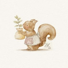 a watercolor painting of a squirrel holding a potted plant