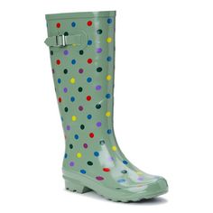 Spotted! Youll be prepared for the rainy weather in these Time and Tru Rain Boots! The upper is a flexible rubber shaft with cute polka dot print and buckle strap for added adjustment. An EVA sock helps provide extra comfort when youre on the move going from puddle to puddleperfect for morning commutes or a weekend shower! Exclusively at Walmart. Size: 8.  Color: Green.  Gender: female.  Age Group: adult. Polka Dot Rain Boots, Toddler Age, Rainy Weather, Polka Dot Print, Dot Print, Shoe Brands, Rubber Rain Boots, Rain Boots, Gender Female