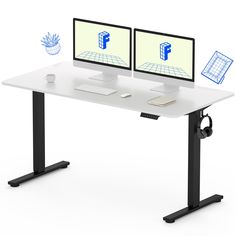 two computer monitors sitting on top of a white desk