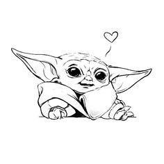 the baby yoda from star wars is shown in this black and white drawing, with hearts