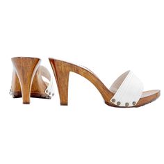 White High Heel Clogs With Wooden Heel, Summer Open-heel Wooden Heels, High Heels Clogs & Mules, Natural Color Wooden Heel Slip-on Clogs, Comfortable Open-heel Clogs With Wooden Heel, High Heel Clogs With Cork-bed Midsoles, Grey Prom Dress, Clog Heels, Shoes Shop