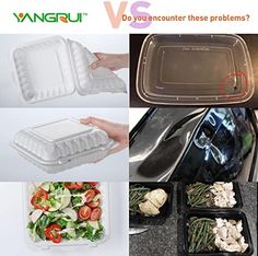 plastic food containers and trays are shown with the same image as they appear in this collage