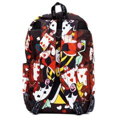 WondaPop Disney Nylon Backpacks are known for their whimsical Disney prints and designs. This beautiful, colorful backpack features bright images of The Queen of Heartsfrom Disney's Alice in Wonderland. The bag features the Queen of Hearts and her court. The bag hasfabric straps for putting pins on. Multicolor Disney Standard Backpack, Multicolor Character Print Travel Bag, Multicolor Backpack For Disney Fan Events, Disney Themed Multicolor Bags For Fan Events, Multicolor Disney Bags For Back To School, Themed Multicolor Bags For Disney Fan Events, Fun Multicolor Backpack For Disney Trips, Disney Multicolor Standard Backpack, Disney Style Multicolor Standard Backpack