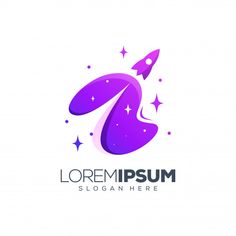 a purple logo with a rocket flying through the air and stars around it, on a white