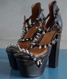 Jc hardcore vintage studded platform sandals size: 38.5 EU; 8 US WOMEN; 5.5 UK Women heel height 16cm! metal studs custom black painted platform (originally brown) leather hq condition: excellent Luxury Elegant Spiked Heels, Luxury Spiked Women's Sandals, Luxury Spiked Heels For Night Out, Luxury Spiked Open Heel Sandals, Luxury Spiked Sandals For Parties, Luxury Spiked Party Sandals, Luxury Spiked Sandals With Round Toe, Luxury Edgy Platform Heels, Luxury Spiked Ankle Strap Heels