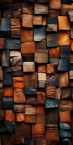 many different wood pieces stacked together in a wall with the same color as each other