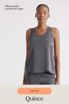 This washable silk pajama tank is made of 100% Mulberry and perfectly crafted for your lounging and sleeping needs with a deliciously indulging feel. The silk has a naturally thermoregulating technology to help maintain your comfortable body temperature and you can mix them with your regular wash. Try mixing and matching with the washable silk pajama shorts or pants for a versatile look.  | Quince | Women's Pajama Tank Top in Charcoal, Size Large, Silk Comfortable Sleeveless Sleep Tops, Sleeveless Silk Sleepwear For Summer, Silk Sleeveless Camisole For Loungewear, Modal Tops For Summer Relaxation, Sleeveless Silk Tops For Loungewear, Silk Sleepwear For Summer Lounging, Effortless Summer Tank Top For Loungewear, Silk Loungewear Tops For Summer, Silk Tops For Summer Loungewear