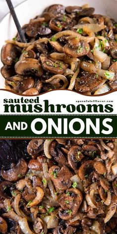 sauteed mushrooms and onions in a white bowl