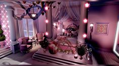 the interior of a bedroom decorated in pink and purple