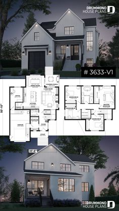 two story house plan with 3 bedroom and 2 bathrooms in the front, an open floor plan