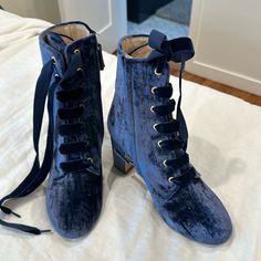 Pristine Condition. Never Worn. Blue Lace Up Boots, Princess Shoes Aesthetic, Blue Heel Boots, Light Blue Boots, Blue Academia, Dark Blue Heels, 1700s Fashion, Blue Steampunk, Blue Velvet Boots