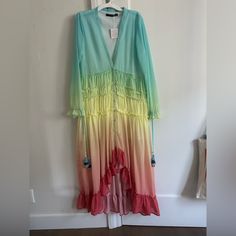 Linjia Shop Rainbow Dress Boho Ruffle Dip-Dye Size Large Multicolor Beachwear Midi Dress As Beach Cover-up, Flowy Multicolor Midi Dress With Ruffles, Pastel V-neck Summer Dresses, Colorful Ruffled Dresses For Summer, Spring Long Maxi Dress With Ruffles, Spring Long Ruffled Maxi Dress, Long Ruffled Maxi Dress For Spring, Blue Long Sleeve Maxi Dress For Beach Season, Multicolor Ruffled Maxi Dress For Beach