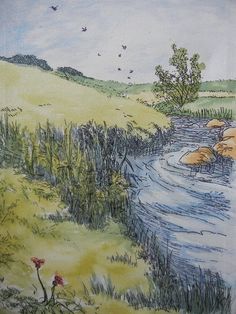 a drawing of a river with rocks in the water and grass on both sides, birds flying overhead