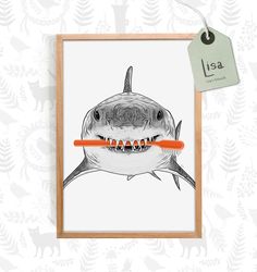 a drawing of a great white shark with an orange toothbrush in it's mouth