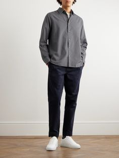 DESIGNED BY MR PORTER. Thanks to its simplicity and versatility, Mr P.'s shirt is a great choice for anyone building a capsule wardrobe. It's cut from a cotton and wool-blend with a fluid drape and patterned with classic pinstripes. You can wear it with either casual denim or smart trousers. Light Grey Shirt Outfit Men, Modern Cotton Shirt For Casual Gatherings, Cotton Workwear Shirt With Straight Hem, Cotton Work Shirt With Straight Hem, Modern Striped Cotton Tops, Modern Cotton Shirt For Fall, Business Casual Cotton Tops With Relaxed Fit, Cotton Top For Business Casual, Casual Cotton Shirt With Straight Hem