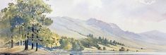 a watercolor painting of a lake with trees and mountains in the background