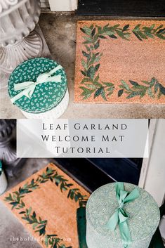 a welcome mat with green leaves on it and the words leaf garlandd welcome mat