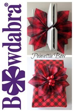 the bow is red and black plaid with pearls on it's center, while the ribbon has been tied in two different ways