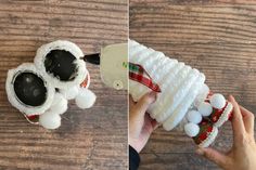 two pictures showing how to make an ornament out of yarn and felt with pom poms