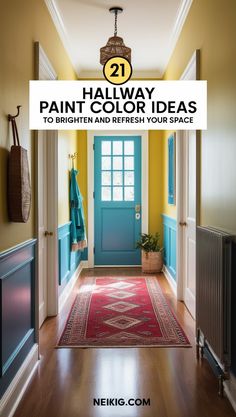 hallway with blue door and red rug on hardwood flooring next to yellow walls, white trim