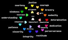 the words are written in different colors on a black background, including hearts and arrows