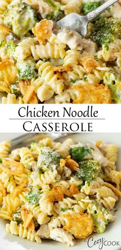 chicken noodle casserole with broccoli and cheese in it is shown