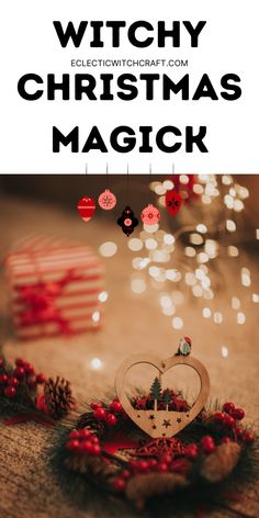 the cover for witchy christmas magick, with decorations and lights in the background