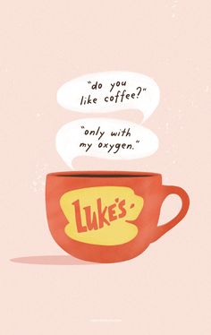 a coffee cup with the words luke's written on it and two speech bubbles above it